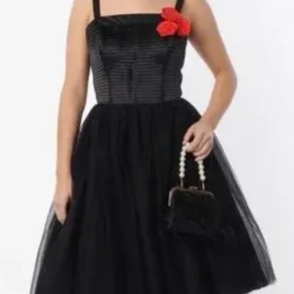 Unique Vintage - Black Tulle 1950s Swing Dress with Red Rosettes (Size 3X/20) - Picture 1 of 6